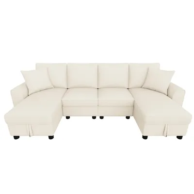 Produktbild von Merax U-Form 4-Sitzer Ecksofa, Sofa Mit 2 Bettkasten, Chenille Ecksofa Mit 2 Chaiselongues, Wohnlandschaft Mit Kissen, Modulares Soffa, Couch, Beige