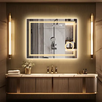 Obrázek produktu pro WISFOR LED koupelnové zrcadlo 80x60cm, koupelnové zrcadlo s osvětlením koupelnové zrcadlo nástěnné zrcadlo, dotykový spínač se 3 barvami světla 3000-6500K, 3násobné zvětšení, bez mlhy, stmívatelné