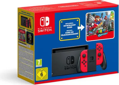 Produktbild von Nintendo Switch-Konsole (rot) + Spiel "Super Mario Odyssey" als Downloadcode + Der Super Mario Bros. Film-Aufkleber