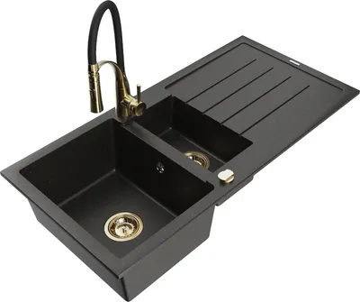Produktbild von Mexen Andres 1,5-Becken-Granitspüle mit Abtropffläche und Mischbatterie Aster, Schwarz/Gold metallisch - 6515-75-73450-57-G