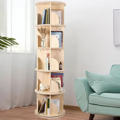 Produktbild von Bücherregal, drehbares Bücherregal, Bücherregal minimalistisch,Bücherregal für den Haushalt, 5 Ebenen,Naturholzfarbe 157*40cm【SJ5-5C】