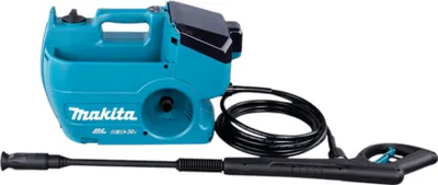 A teal and black Makita battery-powered pressure washer with its hose and spray gun, displayed on a white background.