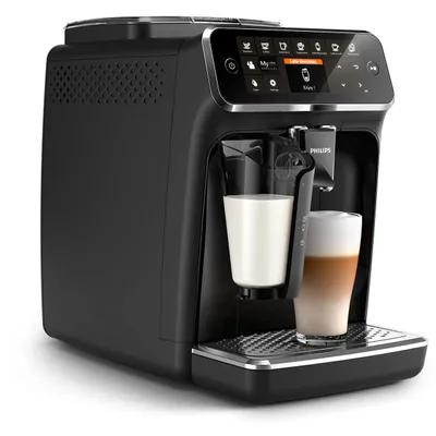 A black Philips espresso machine is shown with two glasses, one with milk and the other with a latte. The machine has a digital display.