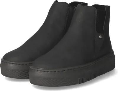A pair of black platform ankle boots.