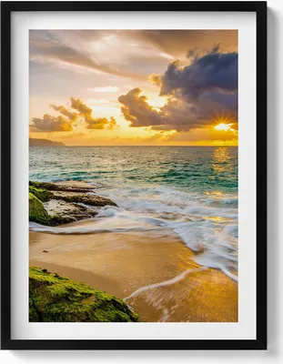 Produktbild von Strandufer bei Sonnenuntergang– Wandbild mit Rahmen – Gerahmtes Bild  – Wanddekoration – 60x80 cm –  Schwarz Rahmen