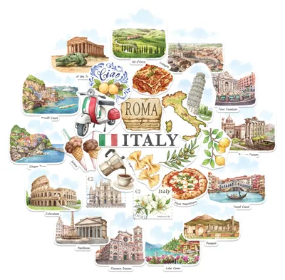 Italien-Reisesticker, 28 Stück, Aquarell, matt, gestanzt