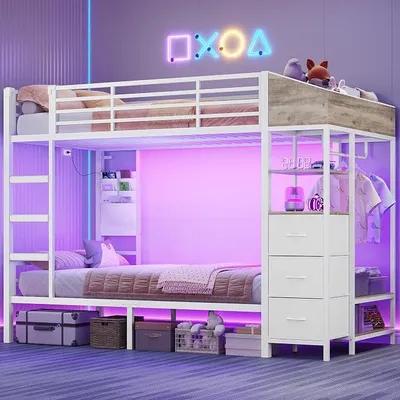Image de Lit superposé 90x200 cm avec éclairage LED et station de charge. Lit enfant 90x200 avec escalier et barrière de sécurité. Lit superposé enfant gain de place. Lit pour adolescents avec portant et espace de rangement, blanc