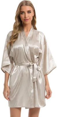 Obrázek produktu pro Krátký saténový kimono župan pro ženy s páskem a výstřihem do V (stříbrný)