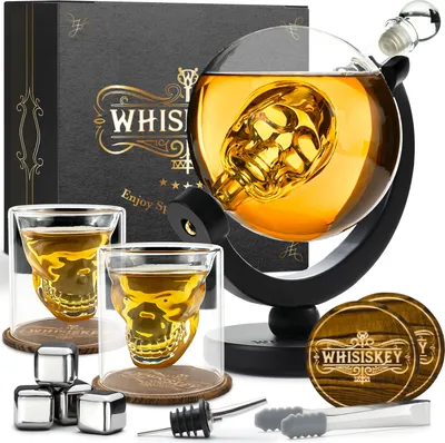 Produktbild von Whisiskey – Whisky Karaffe Set - Whiskey Geschenke für Männer – Skull Dekanter 900ML, Geschenkbox, Whisky Gläser, Whiskey Steine, Zubehör