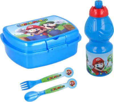 Produktbild von Super Mario Luigi Kinder 4 teiliges Set Brotdose Gabel Löffel Trinkflasche