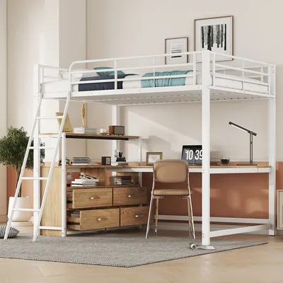A loft bed with a desk and storage integrated underneath, set up in a room.