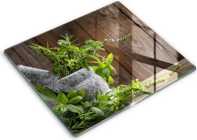 Zdjęcie produktu dla Deska kuchenna – 60 cm x 52 cm - Szklana deska do krojenia - Szkło hartowane – Antypoślizgowa - Zielone Zioła