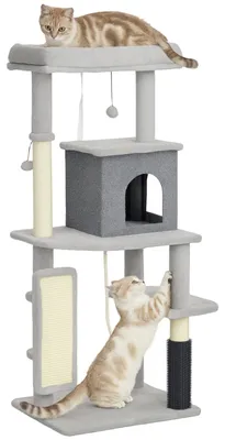 Produktbild von 132 cm Katzenbaum mit Kratzpfosten, Bett, Haus, Sprungplattformen, Pflegebürste, Hellgrau