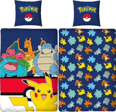 A collage of Pokemon-themed bedding items, including pillowcases and a duvet cover, featuring various Pokemon characters.
