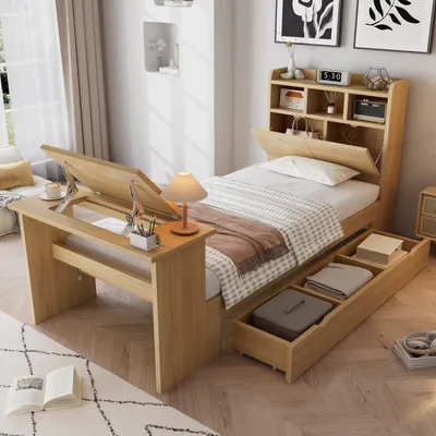Immagine prodotto di Letto a castello okwish 90x200 con materasso e scrivania pieghevole regolabile, letto singolo con cassetti e testiera contenitore, letto per bambini in legno naturale