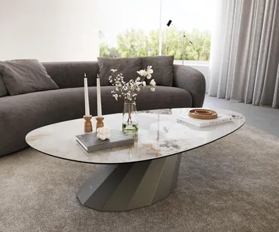 Produktbild von DELIFE Couchtisch Edge Oval 140x75 cm Keramik Minas Melange Parabi Metall Effektfinish Titan