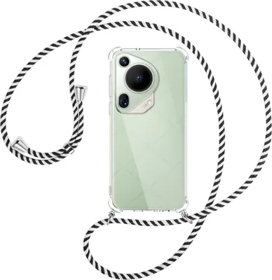Produktbild von Handykette Backcover-Schutzhülle mit Band (Metall silberfarben) für Huawei Pura 70 Ultra - schwarz/weiß gestreift
