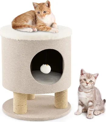 Produktbild von GOPLUS Kratzbaum mit Katzenhöhle, Katzenhaus mit Plüschliegefläche, Spielball & 3 Kratzsäulen, moderner Fußhocker mit Stabiler Basis, Beige