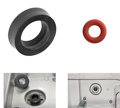 A collage showing parts of a coffee machine maintenance kit, including seals and components.