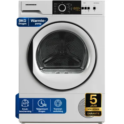 Productafbeelding van Heinner HHPD-V9T1CHA Vrijstaande Warmtepompdroger, 9 kg, LED, Trommellicht, Anti-kreuk, Wit