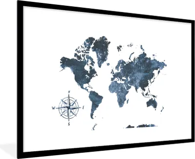 Produktbild von MuchoWow® MuchoWow® Gerahmtes Poster Weltkarte - Luxus - Blau 90x60 cm - Poster mit zchwarzem Bilderrahmen - Wanddekoration - Fotos