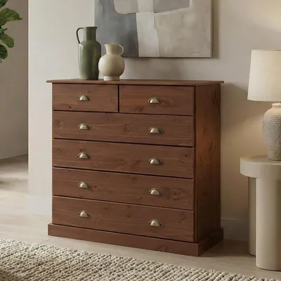 Produktbild von Kommode PARIS aus Massivholz, Kastanie Finish - Apothekerkommode aus Kiefernholz mit 6 Schubladen, Landhausstil mit Muschelgriffen, Schubladenschrank ideal für Schlafzimmer oder Eingangsbereich