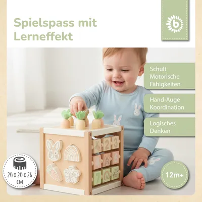 Produktbild von Bieco Motorikwürfel aus Holz – Montessori Activity Cube ab 12 Monaten – Karotten-Steckspiel (Größen sortieren) & Kugelbahn – Zahlen/Motive, Memory, Schiebelabyrinth – Design Hase
