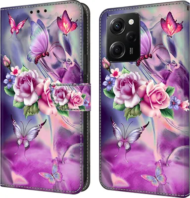 Produktbild von CLM-Tech Hülle kompatibel mit Xiaomi Redmi Note 12 Pro 5G - Tasche aus Kunstleder - Klapphülle mit Ständer und Kartenfächern, lila Blumen Schmetterlinge