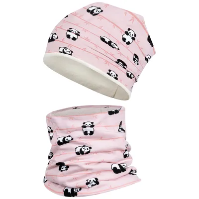 Produktbild von Mädchen Junge Baby Wintermütze + Schlauchschal Winterset Beanie Snood (46-48,Rosa Panda)