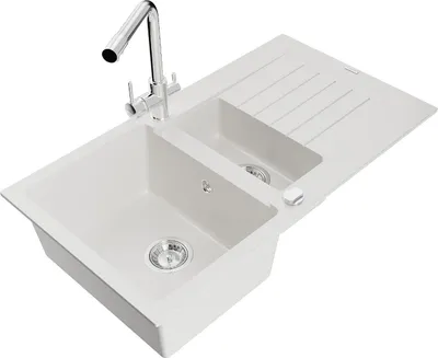 Produktbild von Mexen Matias 1,5-Becken-Granitspüle mit Abtropffläche und Mischbatterie Duero, Weiß - 6502-20-671600-00