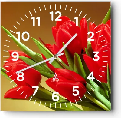 Produktbild von Wanduhr - Quadrat - Glasuhr - Tulpen Blumen Feld Plantage - 30x30cm - Schleichendes Uhrwerk - Lautlos - zum Aufhängen bereit - Dekoration Modern - Wanddekoration aus Glas - C4AC30x30-0962