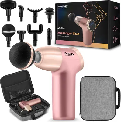 A pink and gold massage gun with multiple attachments, a carrying case, and its packaging are displayed against a white background.