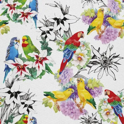 Produktbild von OUTDOOR DEKOSTOFFE OXFORD - Motiv gemalte Blumen und Papageien I DX405