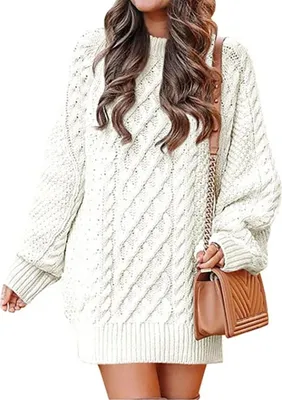 Produktbild von ASKSA Damen Pulloverkleid Rundhalsausschnitt Langarm Zopfmuster Rollkragen Chunky Pullover Kurze Pulloverkleider, Weiss, L