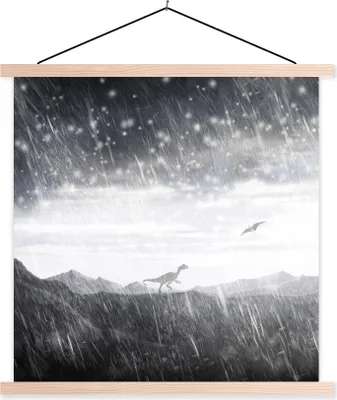 Produktbild von MuchoWow® Textilposter Dinosaurier - Schwarz - Weiß - Regen 120x120 cm mit holzfarbenen Rahmen - Textil-Poster