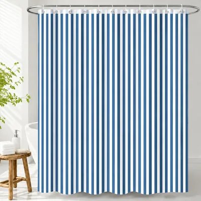 Image de Omgoods - Rideau de douche vintage bleu et blanc à rayures, avec 12 crochets