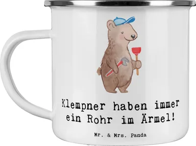 Produktbild von Mr. & Mrs. Panda Haferl Klempner Helden - Weiß - Geschenk, personalisierte Geschenke, einzigartige Mischung, Motivtasse, mit Herz, Witz und Charme, Beruf, Emaille Tasse