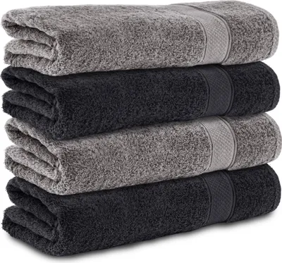 Produktbild von Komfortec 4er Handtücher 50x100 cm Set aus 100% Baumwolle, 470g/m², Frottee, Weich, Anthrazit Grau/Schwarz