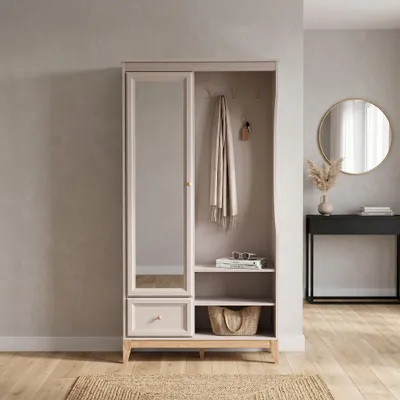 Produktbild von Garderobenschrank mit Spiegel - Kaschmir - mit Ablagen und Kleiderstange - WINDSOR - Ideal für Schlafzimmer und Flur