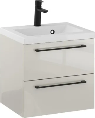 Produktbild von FURNI Waschtischunterschrank RON 50 cm - Kaschmir - Hängender Badschrank mit Mineralguss - Waschbecken - Griffe Schwarz matt - Vormontiert