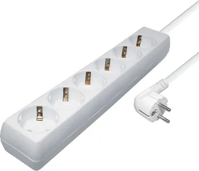 A white power strip with six outlets and a white plug is shown against a white background.