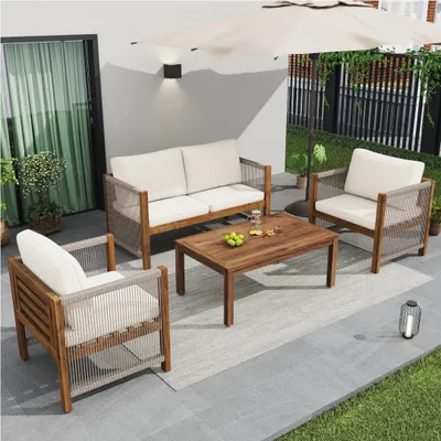 Image de Flieks Gartenlounge Set 4er Set, Gartenmöbel Set Rattan mit Gartentisch, Sessel und Kissen, Balkonmöbelset für Kleinen Balkon, Terrassenmöbel Beige