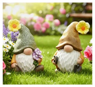Produktbild von 2er Set Wichtel Blümchen aus Polyresin, wetterfeste Gartendeko, Gnom, Outdoor Dekofigur