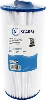A white pleated filter cartridge with a blue top and blue label.