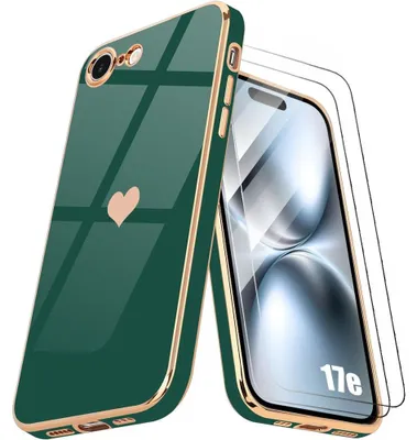 Image de Coque + 2 Verres Trempés pour iPhone 17e, Silicone Anti-Rayures Antichoc Motif Coeur - Vert Nuit