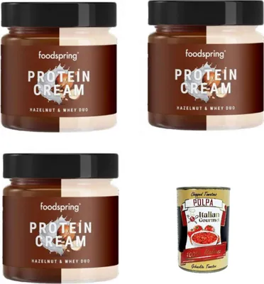 Produktbild von foodspring Protein Cream Duo, 3 x 200 g, Hazelnut & Creamy Milk, 2x More Flavour with 85% Less Sugar + Italian Gourmet Polpa di Pomodoro 400g Dose