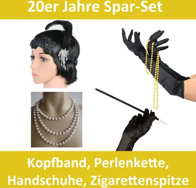 Produktbild von Spar-Pack | schwarze 20er Jahre Handschuhe und Perlenkette | Mafia Charleston Set