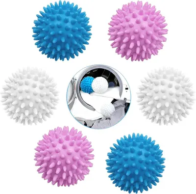 Produktbild von Trocknerbälle 6 Stück, Silikon, 4 cm, Anti-Knoten, weiß blau lila, für Waschmaschine