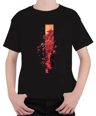 Productafbeelding van Samurai Japan, Sakura (kersenbloesem), pagode, katana, krijger, Bushido. Kinder T-shirt, zwart, maat 116