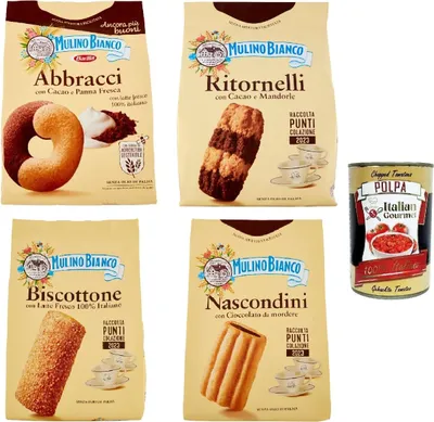 Produktbild von Testpaket Mulino Bianco Abbracci, Ritornelli, Nascondini und BisBaumwollee Shortbread-Kekse mit Kakao und frischer Sahne, ohne Palmöl, 3x 700 g 1x 600g + Italian gourmet polpa 400g